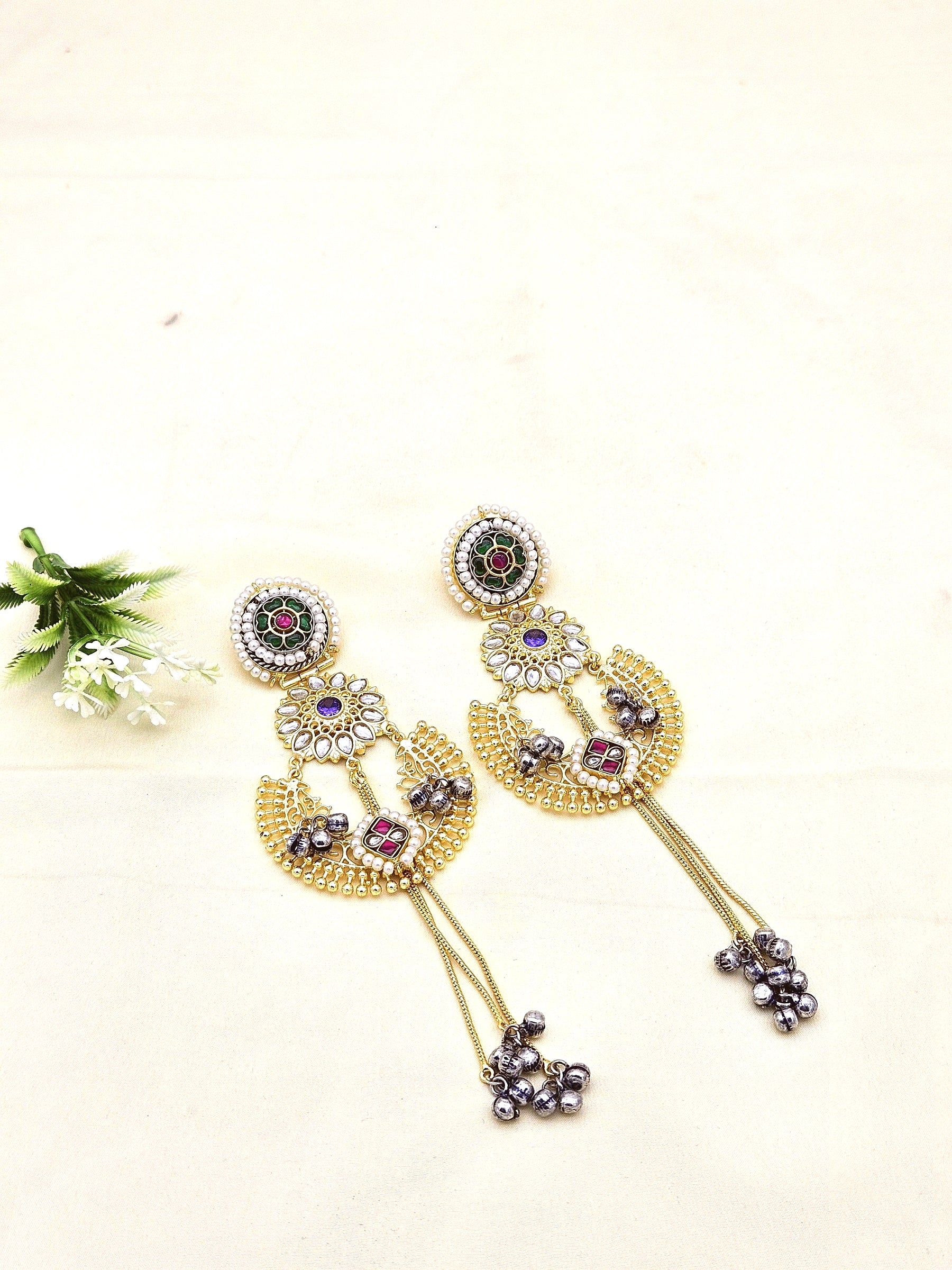 Awesome Antique Gold plated Synthetic polky-Green-Red Glass Stone Motif with Blue-Red Stone-Pearl Fancy Dangle Drop Earrings