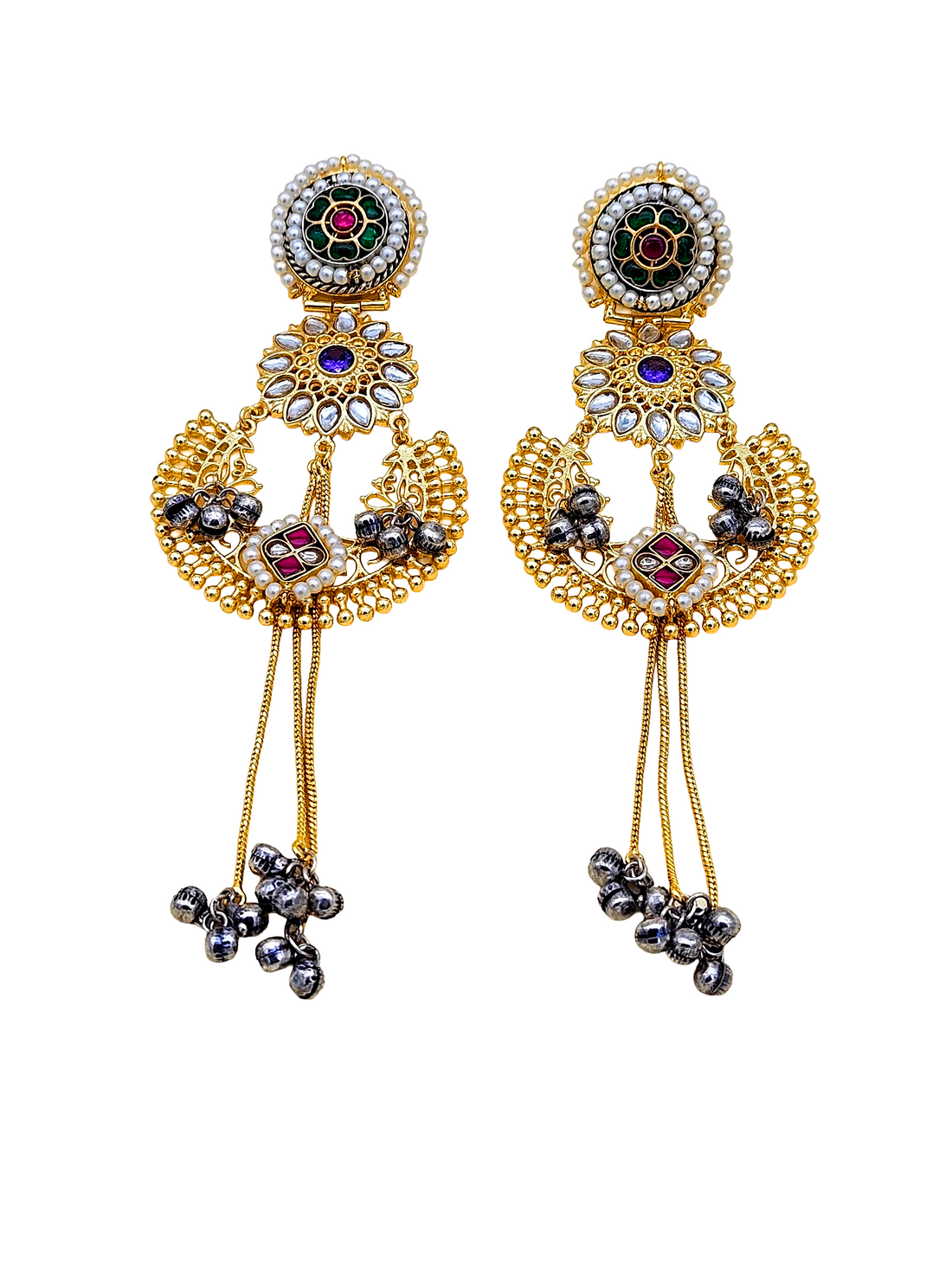 Awesome Antique Gold plated Synthetic polky-Green-Red Glass Stone Motif with Blue-Red Stone-Pearl Fancy Dangle Drop Earrings