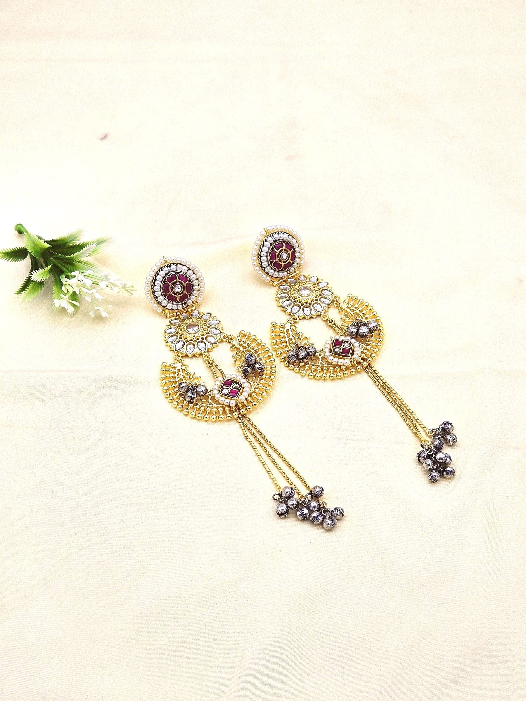 Awesome Antique Gold plated Synthetic polky-Red & White Glass Stone Motif with Red Stone-Pearl Fancy Dangle Drop Earrings