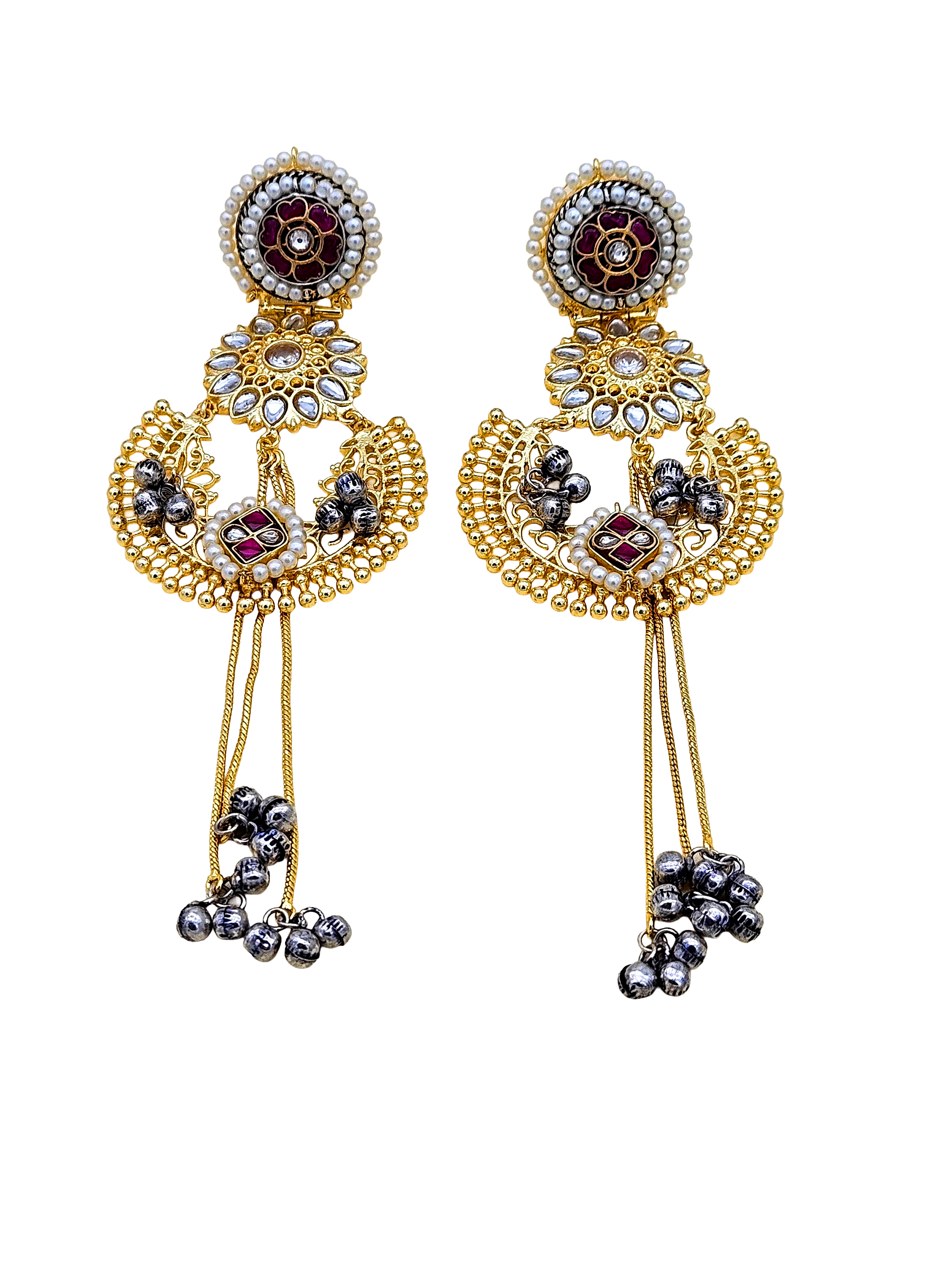 Awesome Antique Gold plated Synthetic polky-Red & White Glass Stone Motif with Red Stone-Pearl Fancy Dangle Drop Earrings