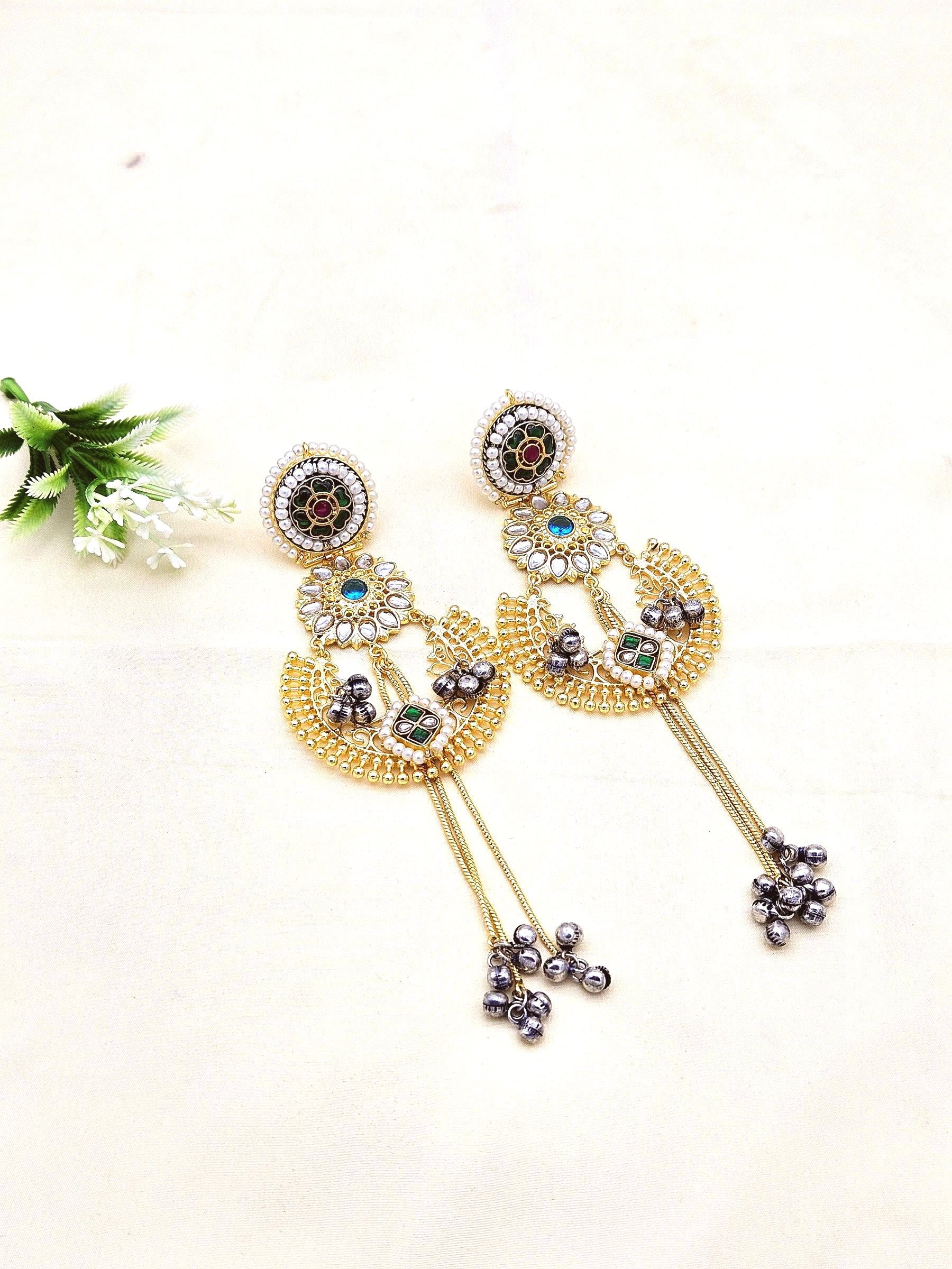 Awesome Antique Gold plated Synthetic polky-Green & Red Glass Stone Motif with Blue -  Green Stone-Pearl Fancy Dangle Drop Earrings