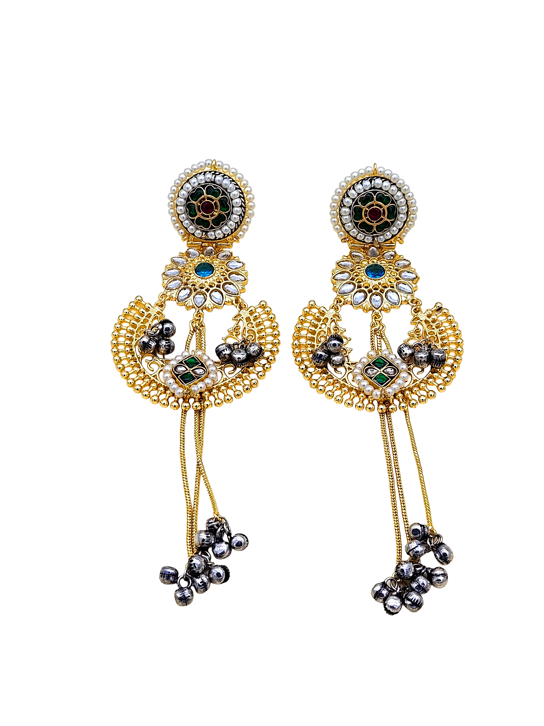 Awesome Antique Gold plated Synthetic polky-Green & Red Glass Stone Motif with Blue -  Green Stone-Pearl Fancy Dangle Drop Earrings