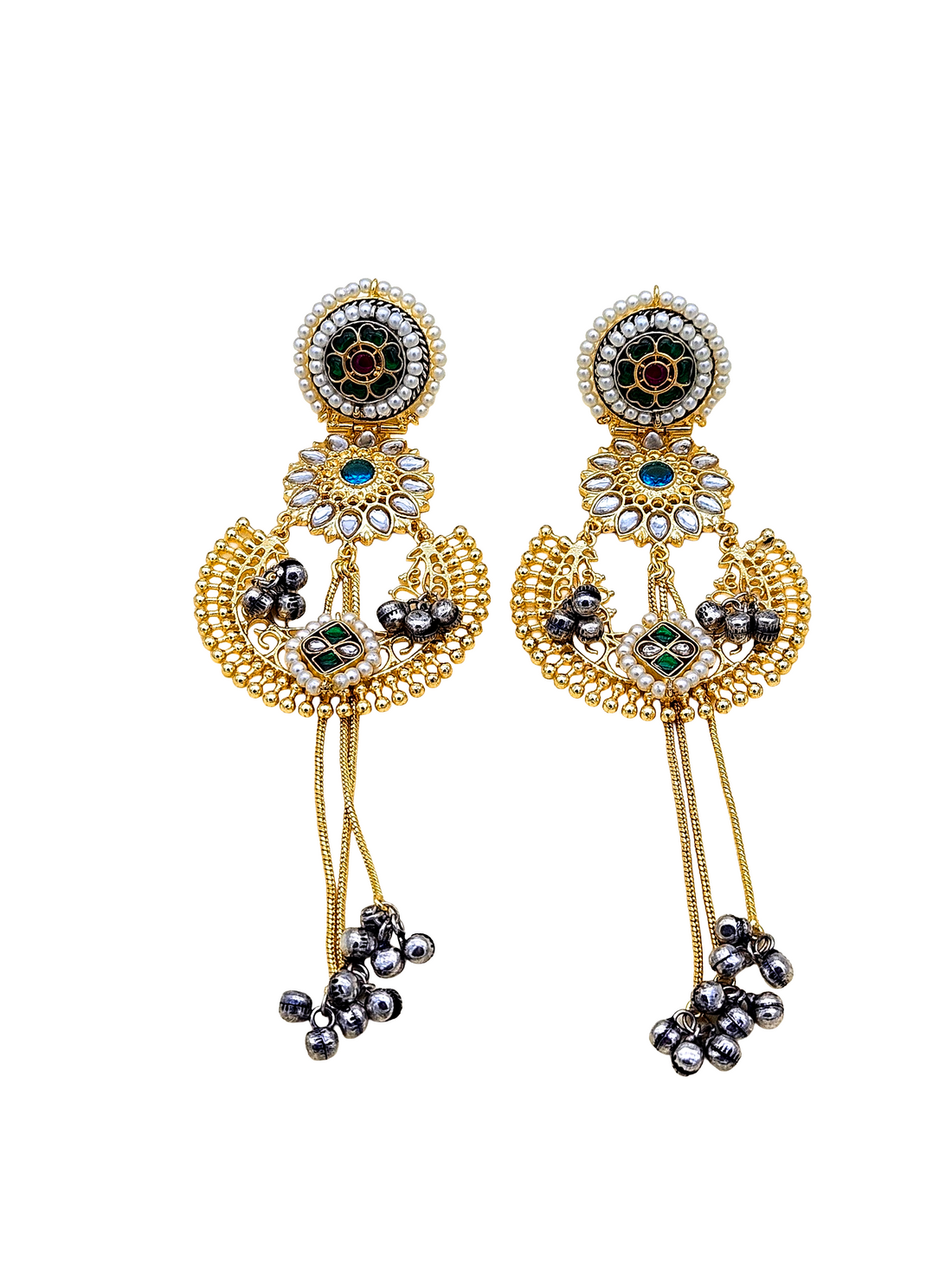 Awesome Antique Gold plated Synthetic polky-Green & Red Glass Stone Motif with Blue -  Green Stone-Pearl Fancy Dangle Drop Earrings