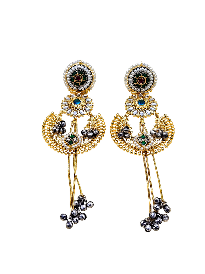 Awesome Antique Gold plated Synthetic polky-Green & Red Glass Stone Motif with Blue -  Green Stone-Pearl Fancy Dangle Drop Earrings