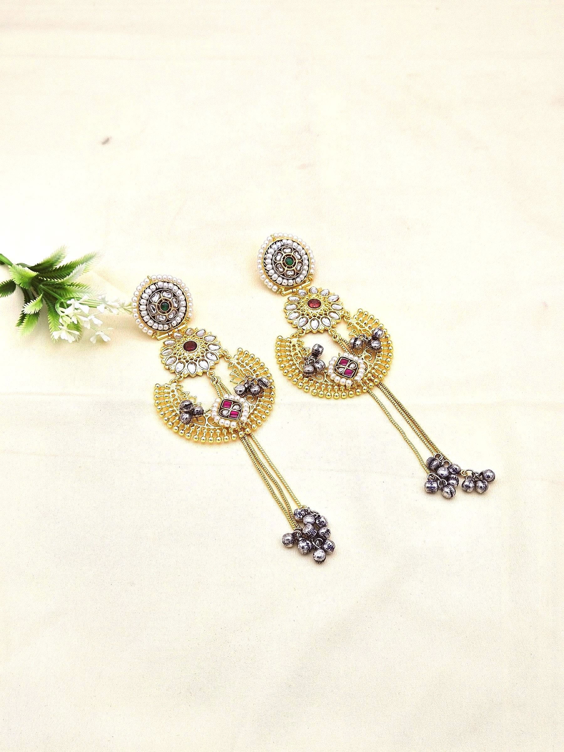 Awesome Antique Gold plated Synthetic polky-White & Green Glass Stone Motif with Red & White Stone-Pearl Fancy Dangle Drop Earrings