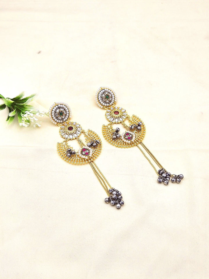 Awesome Antique Gold plated Synthetic polky-White & Green Glass Stone Motif with Red & White Stone-Pearl Fancy Dangle Drop Earrings