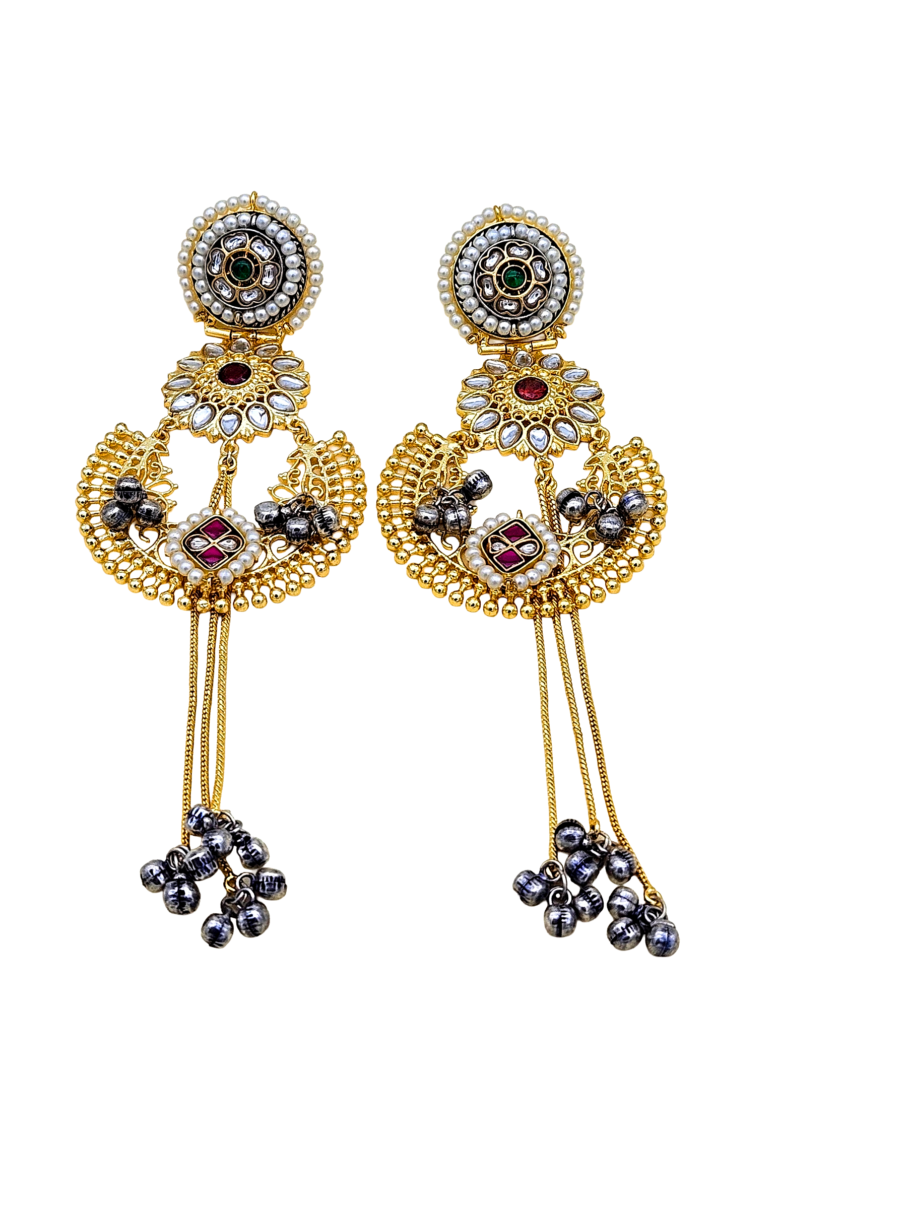 Awesome Antique Gold plated Synthetic polky-White & Green Glass Stone Motif with Red & White Stone-Pearl Fancy Dangle Drop Earrings