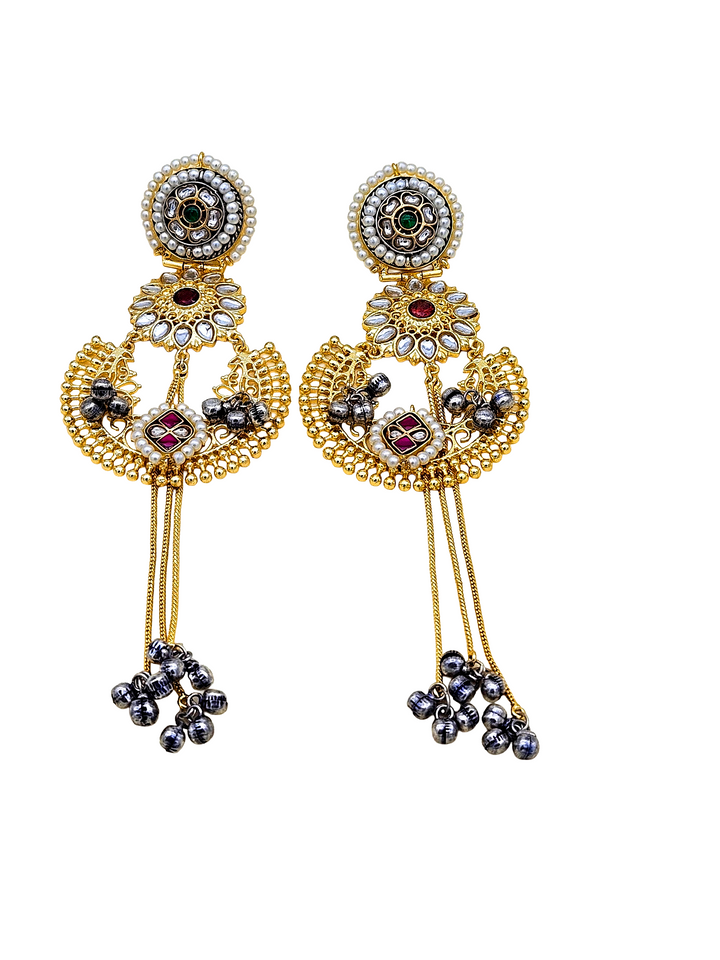 Awesome Antique Gold plated Synthetic polky-White & Green Glass Stone Motif with Red & White Stone-Pearl Fancy Dangle Drop Earrings