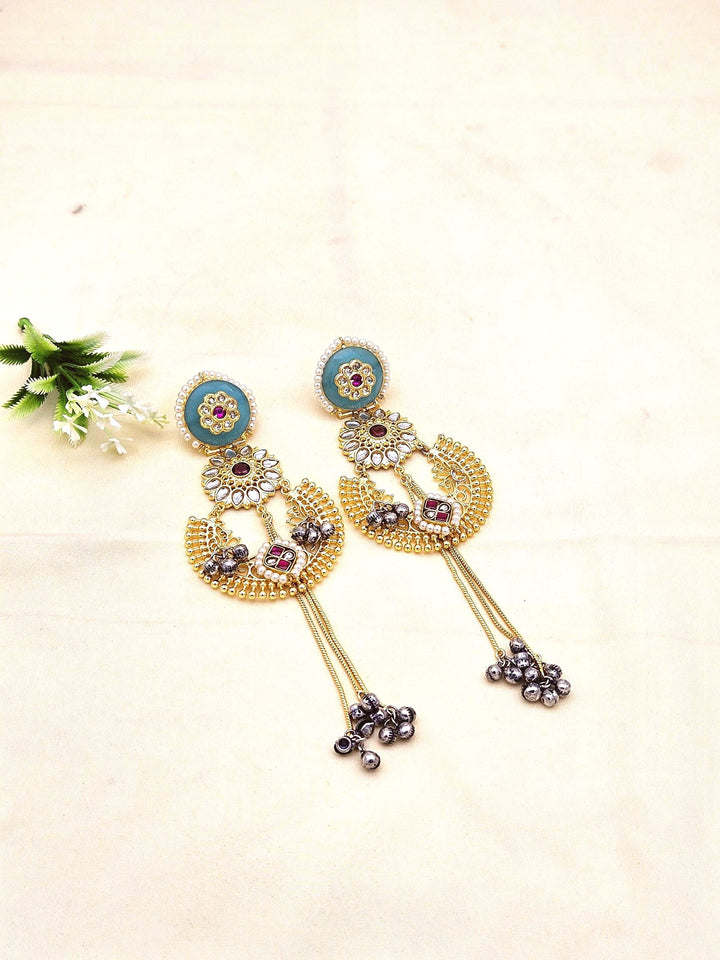 Awesome Antique Gold plated Brass Kundan polky of white & Red stone on Cadel Blue 4  color Stone with Red & white Glass Stone Motif- Pearl Fancy Dangle Drop Earrings