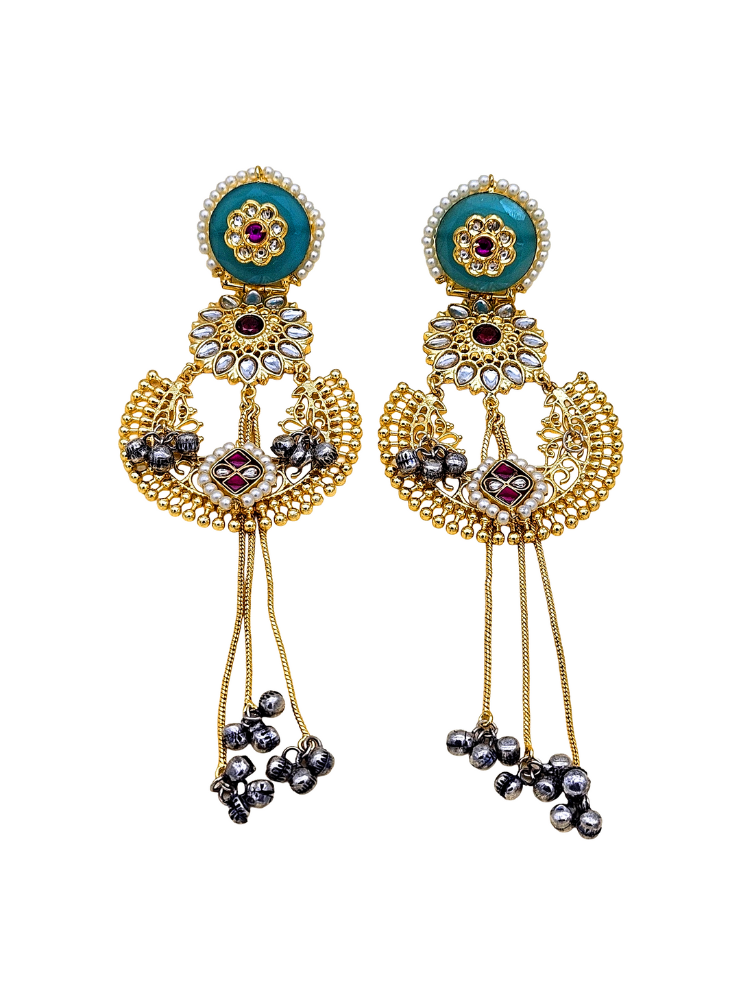 Awesome Antique Gold plated Brass Kundan polky of white & Red stone on Cadel Blue 4  color Stone with Red & white Glass Stone Motif- Pearl Fancy Dangle Drop Earrings