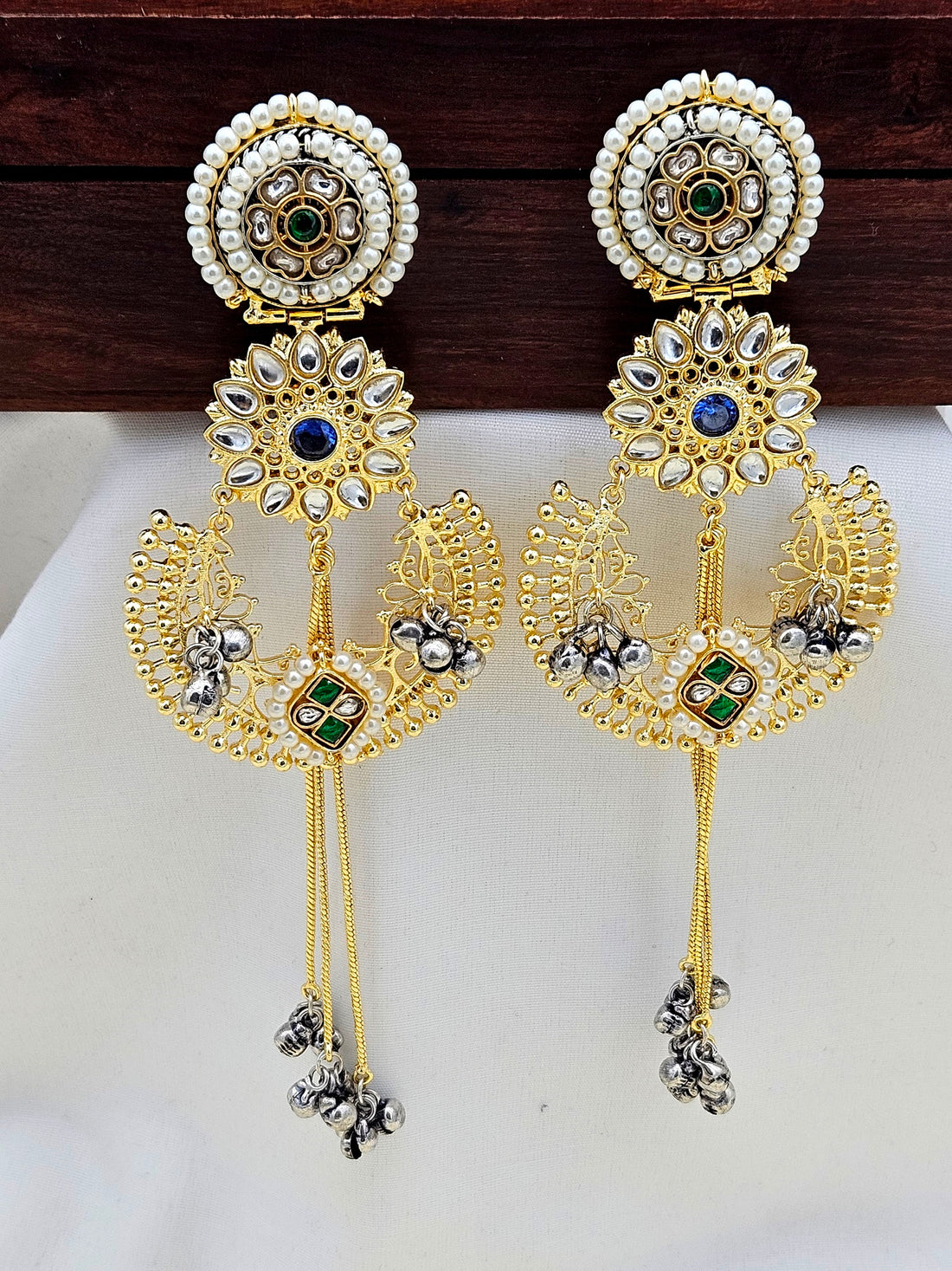 Awesome Antique Gold plated Brass Kundan polky of white & Green stone with Blue & white Glass Stone Motif- Pearl Fancy Dangle Drop Earrings