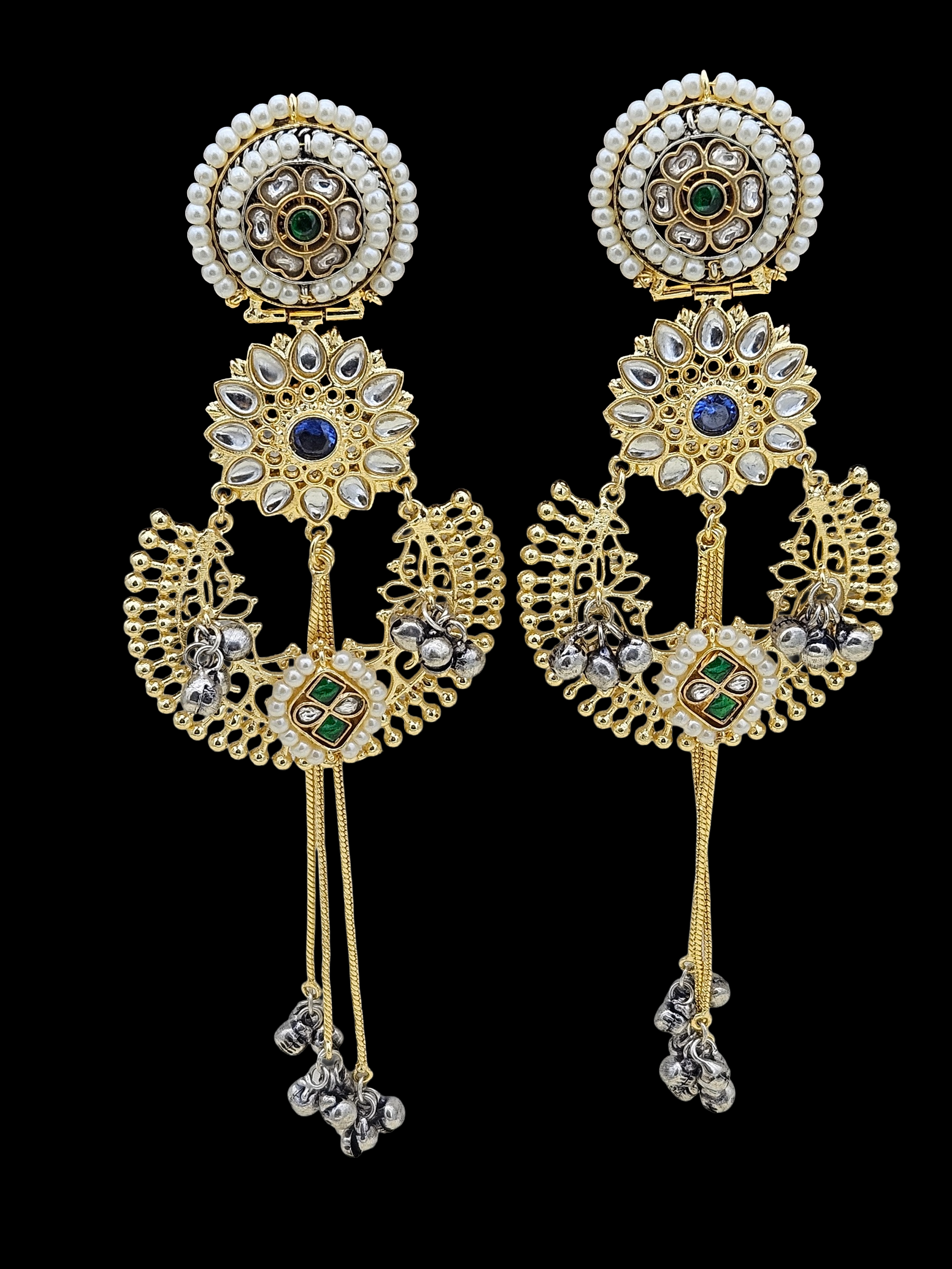 Awesome Antique Gold plated Brass Kundan polky of white & Green stone with Blue & white Glass Stone Motif- Pearl Fancy Dangle Drop Earrings