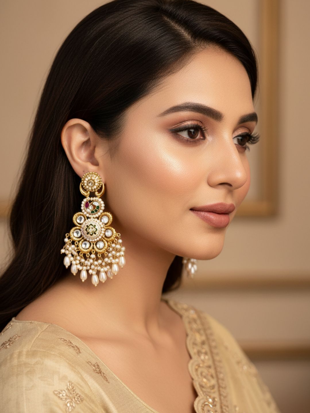 Gorgeous Antique Gold plated Synthetic polky-Red-White-Green Glass Stone Motif-Pearl Fancy Danbgle Drop Earring