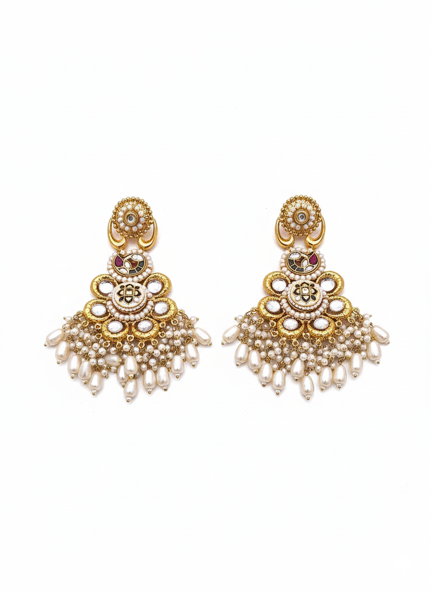 Gorgeous Antique Gold plated Synthetic polky-Red-White-Green Glass Stone Motif-Pearl Fancy Danbgle Drop Earring