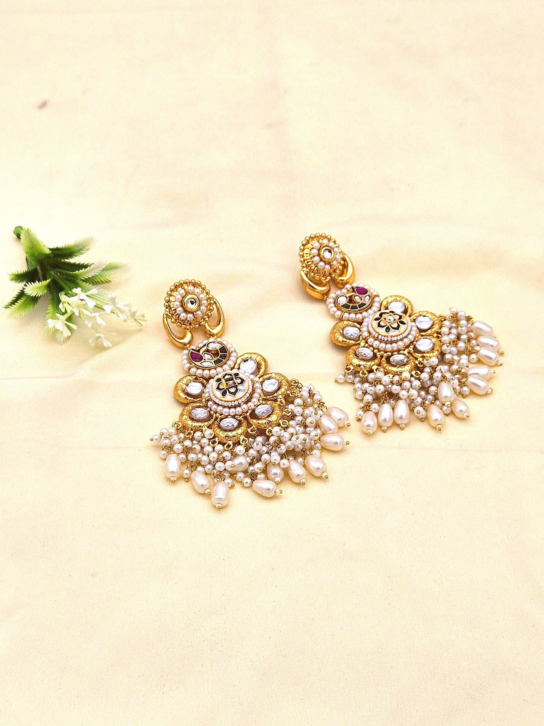 Gorgeous Antique Gold plated Synthetic polky-Red-White-Green Glass Stone Motif-Pearl Fancy Danbgle Drop Earring