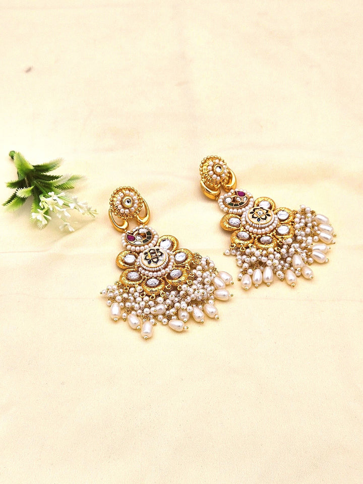 Gorgeous Antique Gold plated Synthetic polky-Red-White-Green Glass Stone Motif-Pearl Fancy Danbgle Drop Earring