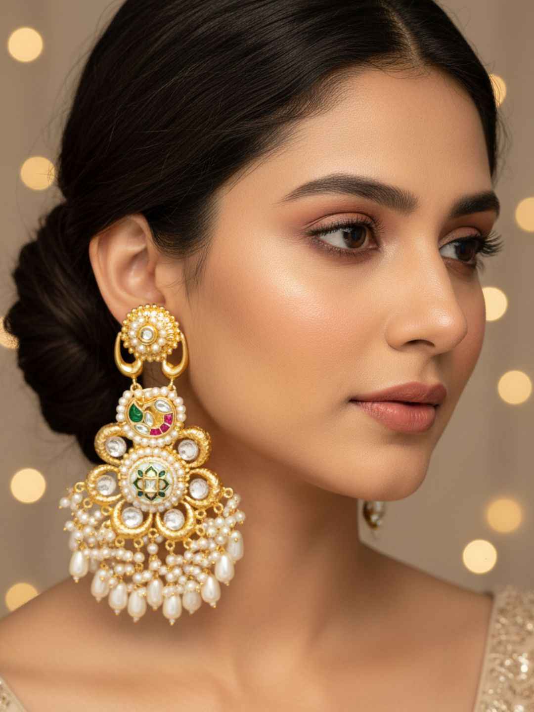 Gorgeous Antique Gold plated Synthetic polky-Green-White-Red Glass Stone Motif-Pearl Fancy Dangle Drop Earring