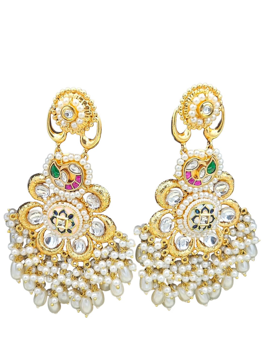 Gorgeous Antique Gold plated Synthetic polky-Green-White-Red Glass Stone Motif-Pearl Fancy Dangle Drop Earring