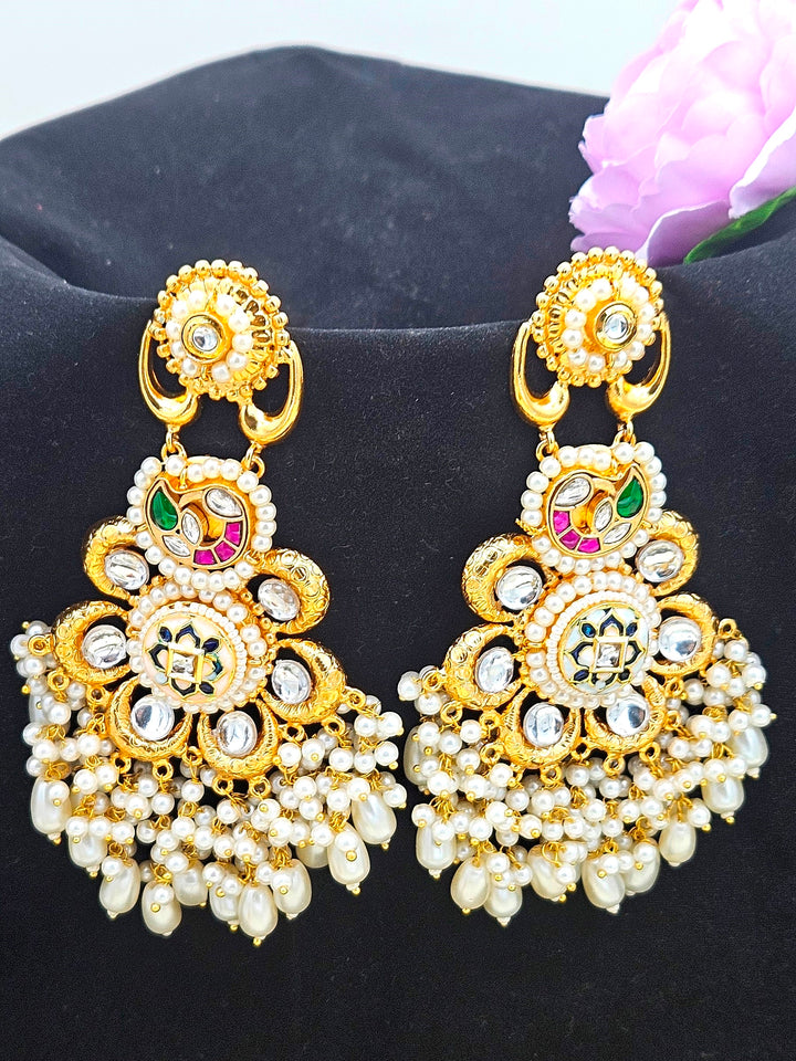 Gorgeous Antique Gold plated Synthetic polky-Green-White-Red Glass Stone Motif-Pearl Fancy Dangle Drop Earring