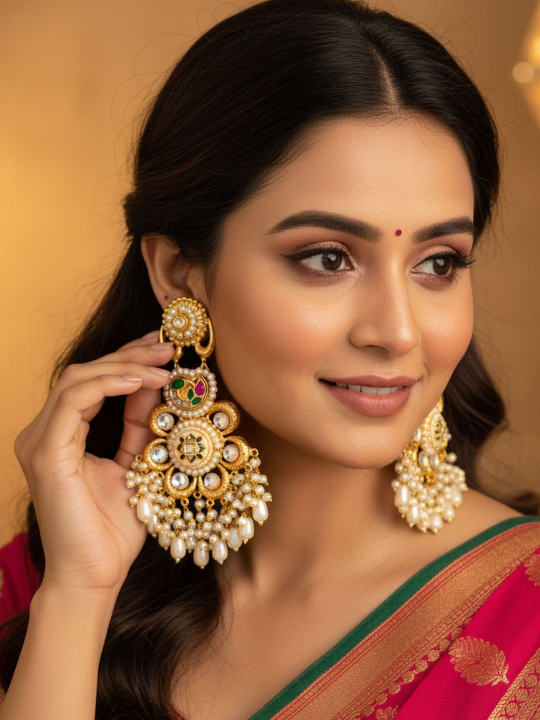 Gorgeous Antique Gold plated Synthetic polky-Red-Green-White Glass Stone Motif-Pearl Fancy Danbgle Drop Earring