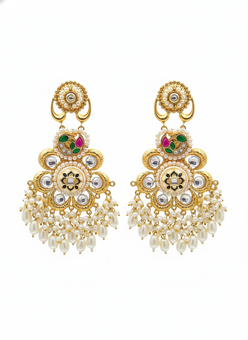 Gorgeous Antique Gold plated Synthetic polky-Red-Green-White Glass Stone Motif-Pearl Fancy Danbgle Drop Earring