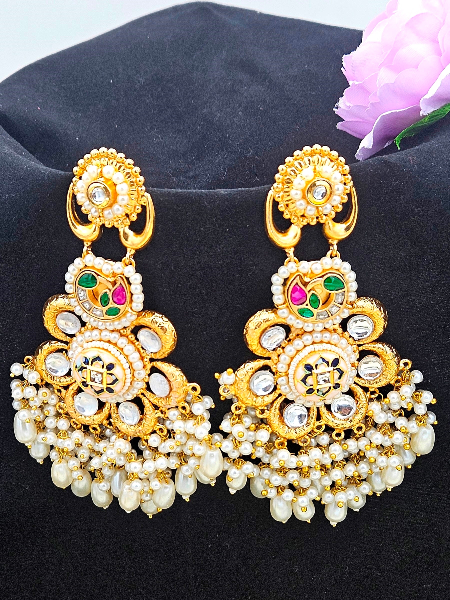 Gorgeous Antique Gold plated Synthetic polky-Red-Green-White Glass Stone Motif-Pearl Fancy Danbgle Drop Earring