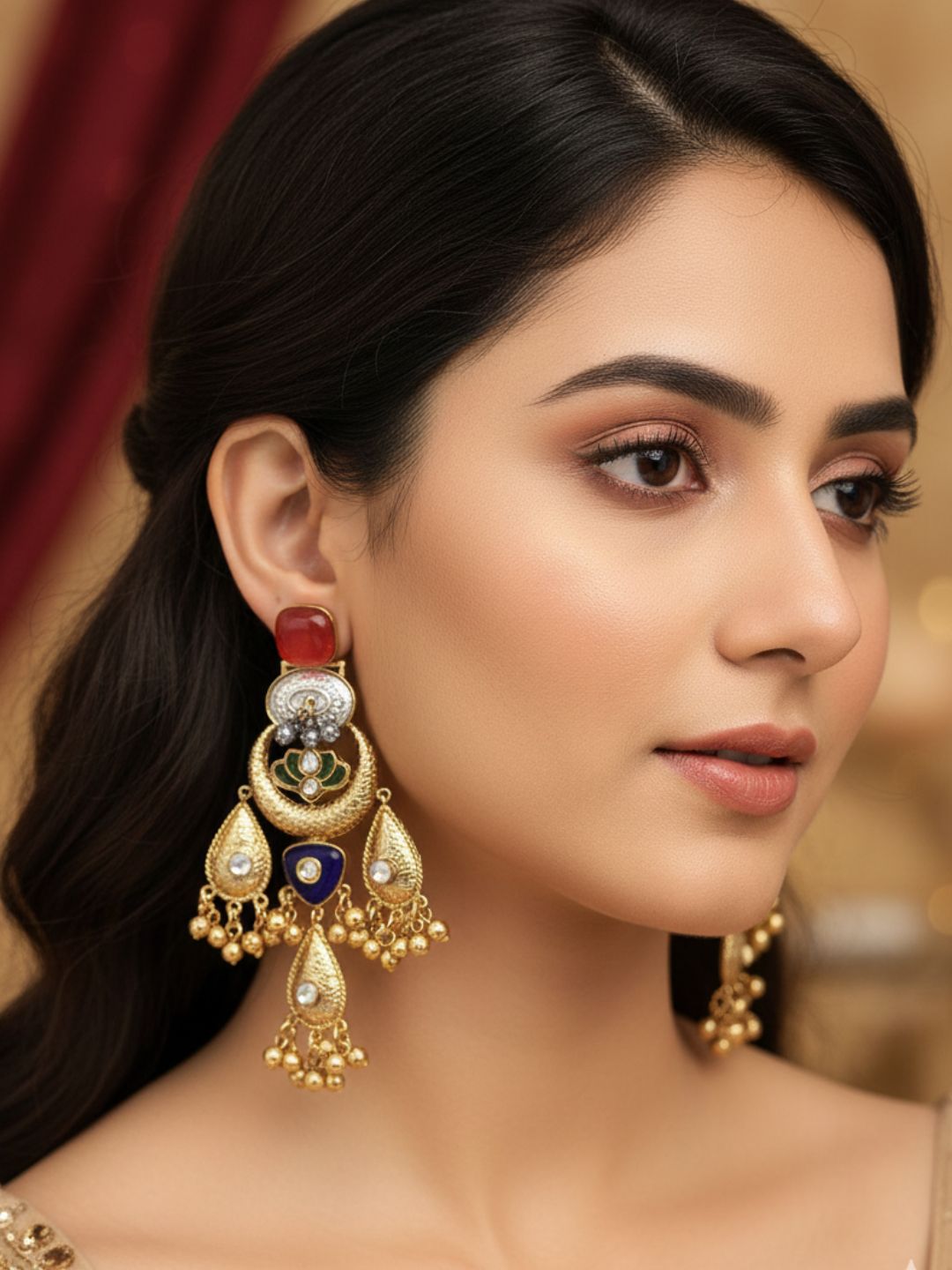 Cute Antique Gold plated Red Glass-Brass Kundan polky-Multi Color Glass Stone-Designer Dangle Drop Earring