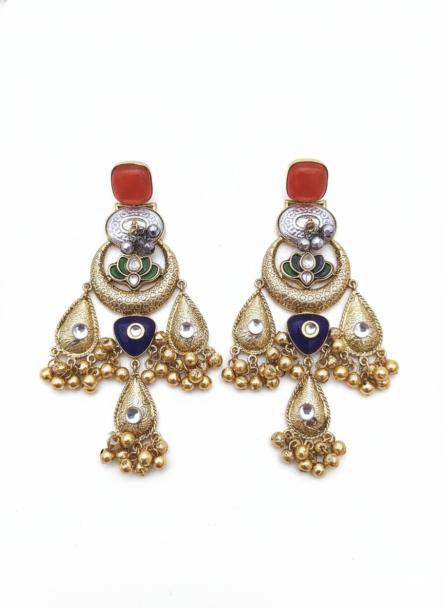 Cute Antique Gold plated Red Glass-Brass Kundan polky-Multi Color Glass Stone-Designer Dangle Drop Earring