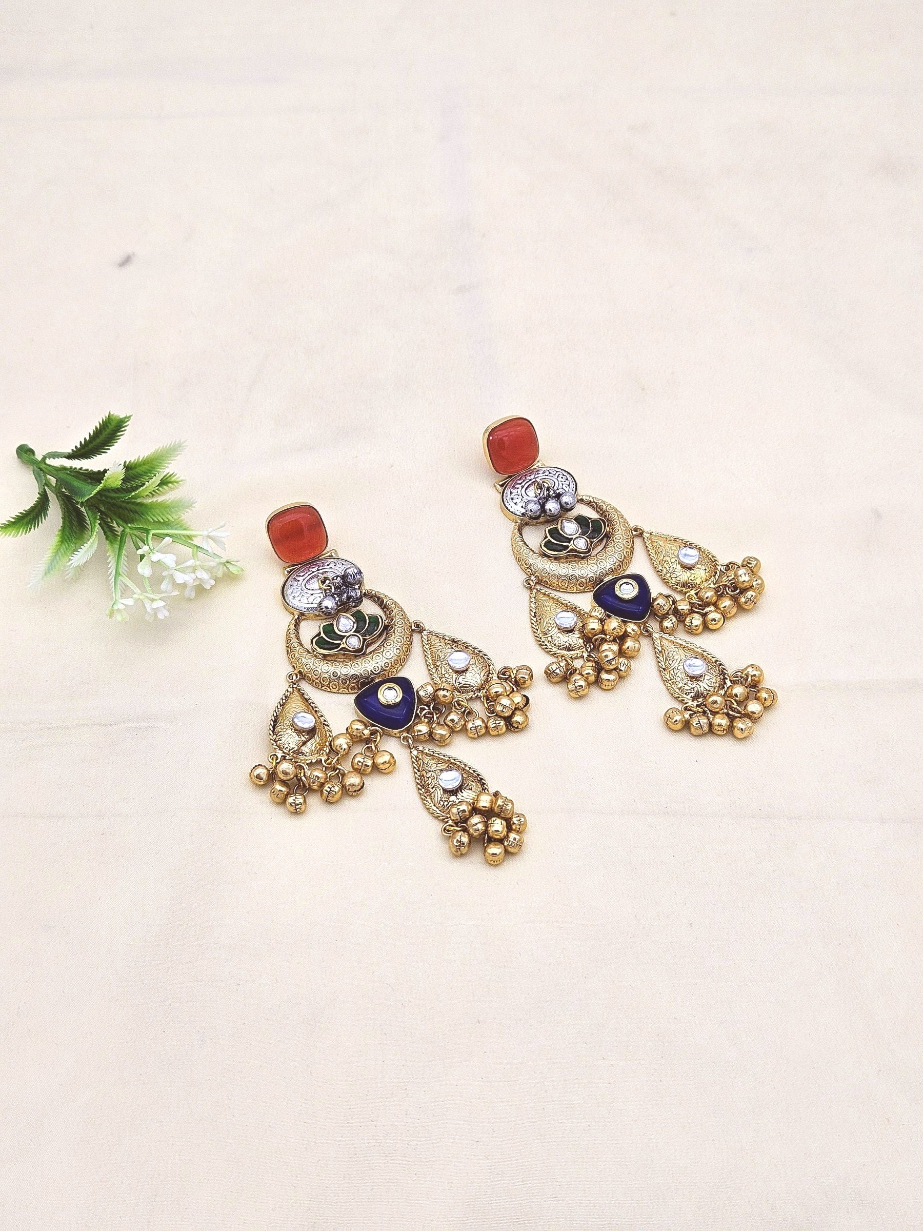 Cute Antique Gold plated Red Glass-Brass Kundan polky-Multi Color Glass Stone-Designer Dangle Drop Earring