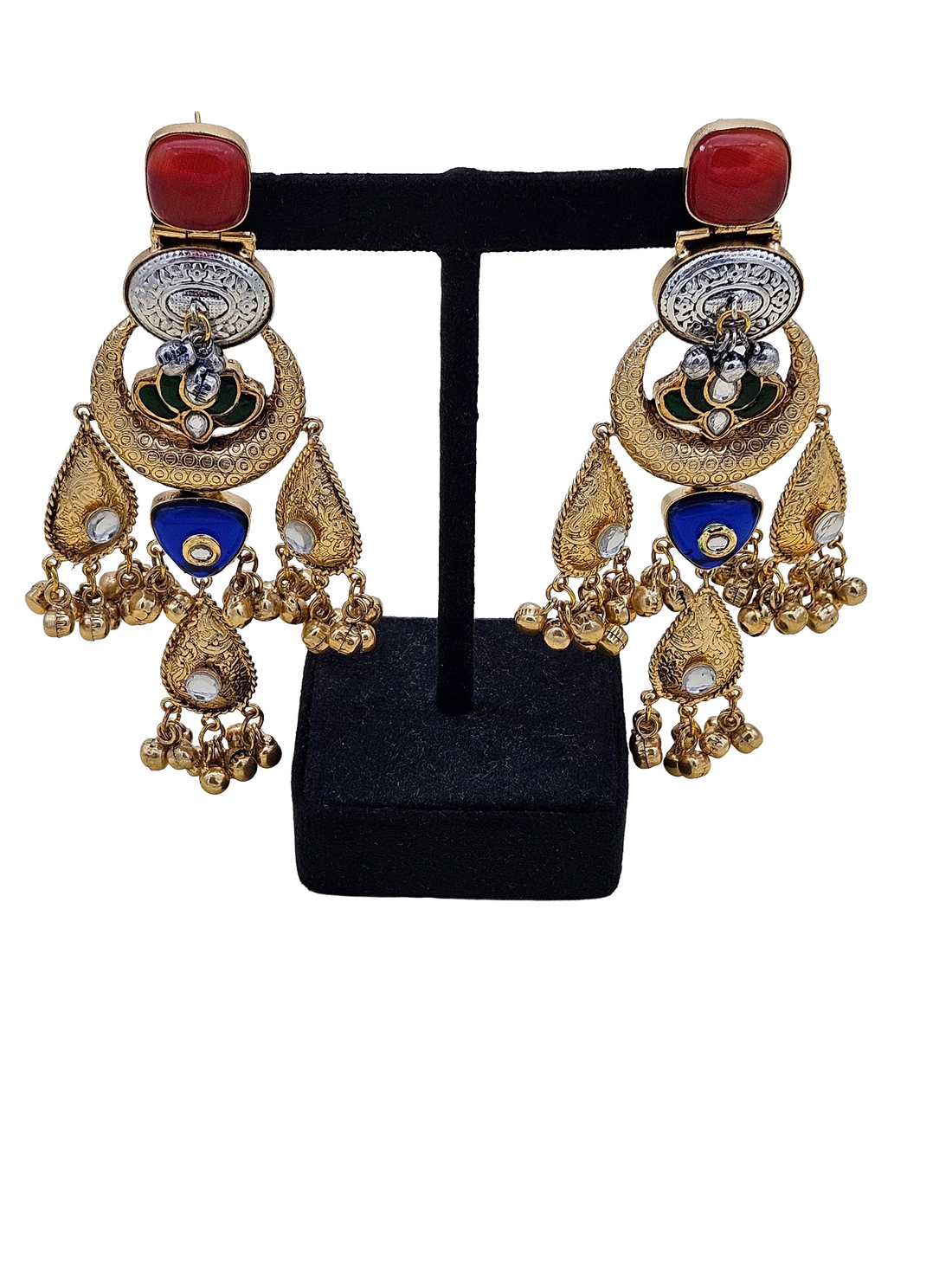 Cute Antique Gold plated Red Glass-Brass Kundan polky-Multi Color Glass Stone-Designer Dangle Drop Earring