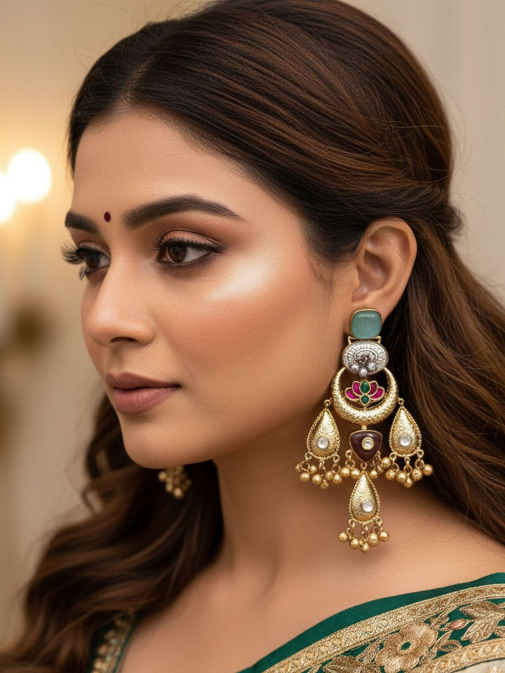 Cute Antique Gold plated Green Glass-Brass Kundan polky-Multi Color Glass Stone-Designer Dangle Drop Earring