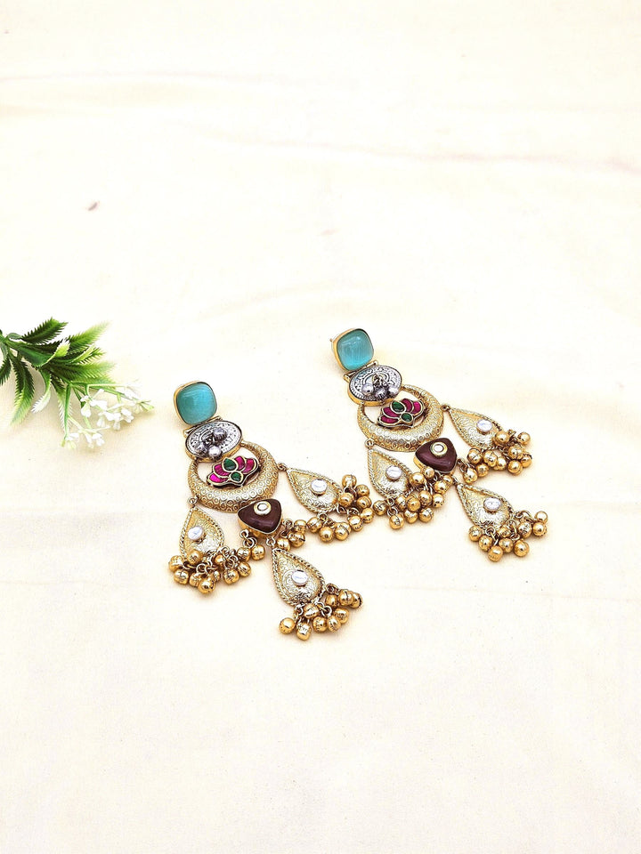 Cute Antique Gold plated Green Glass-Brass Kundan polky-Multi Color Glass Stone-Designer Dangle Drop Earring
