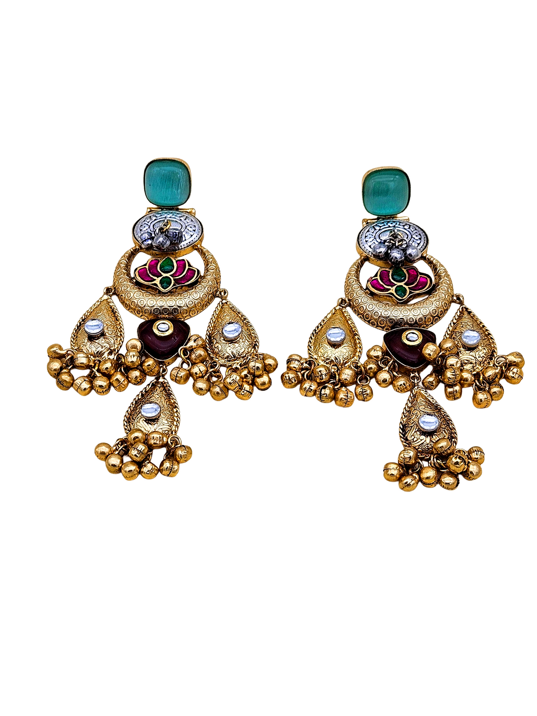 Cute Antique Gold plated Green Glass-Brass Kundan polky-Multi Color Glass Stone-Designer Dangle Drop Earring