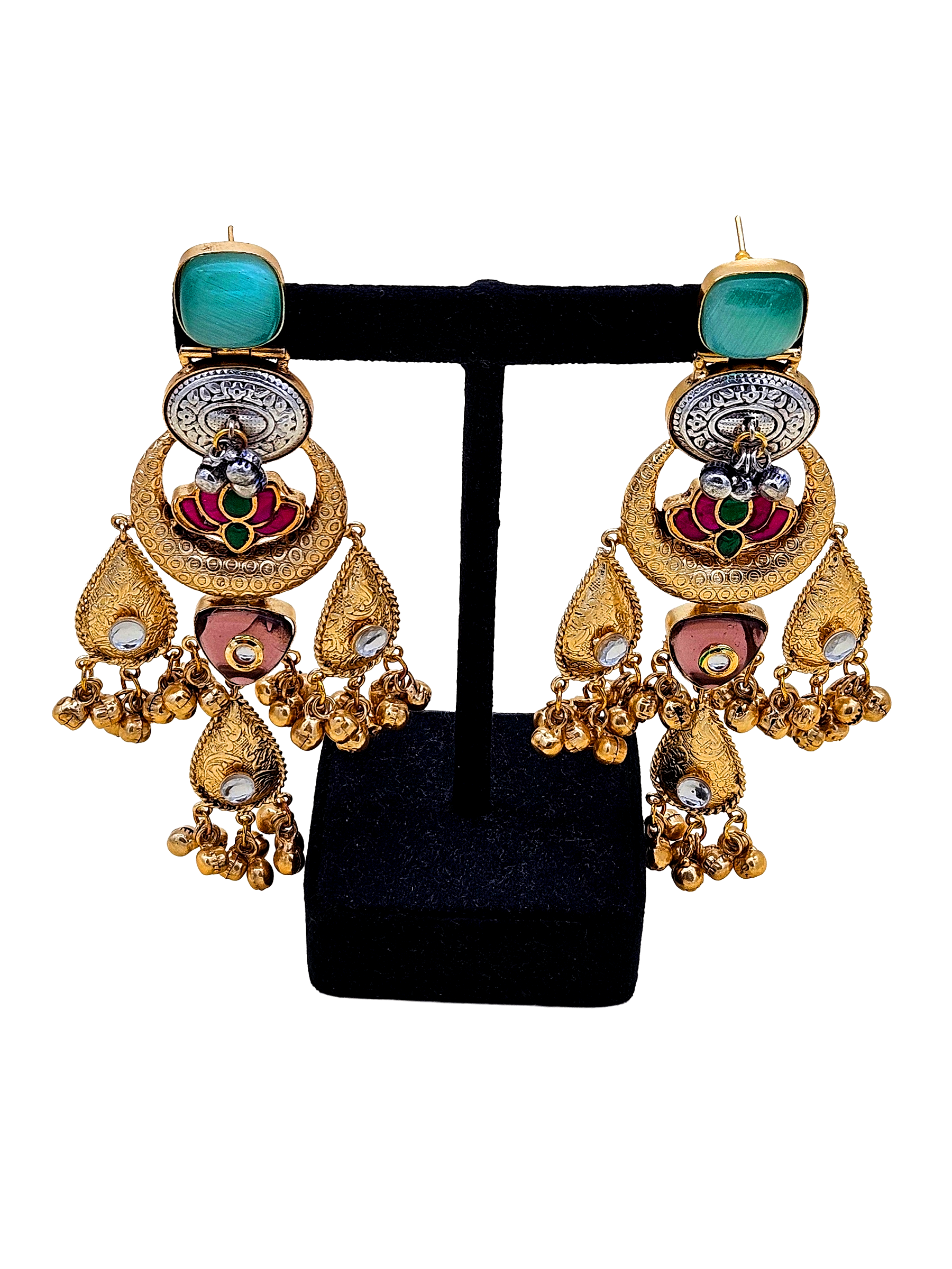 Cute Antique Gold plated Green Glass-Brass Kundan polky-Multi Color Glass Stone-Designer Dangle Drop Earring