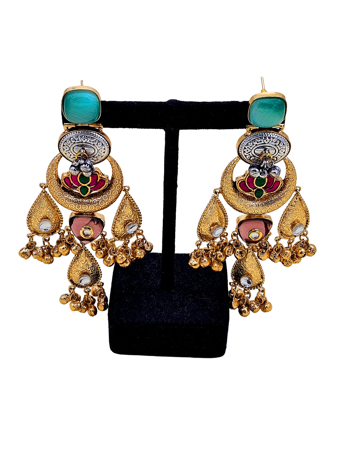 Cute Antique Gold plated Green Glass-Brass Kundan polky-Multi Color Glass Stone-Designer Dangle Drop Earring