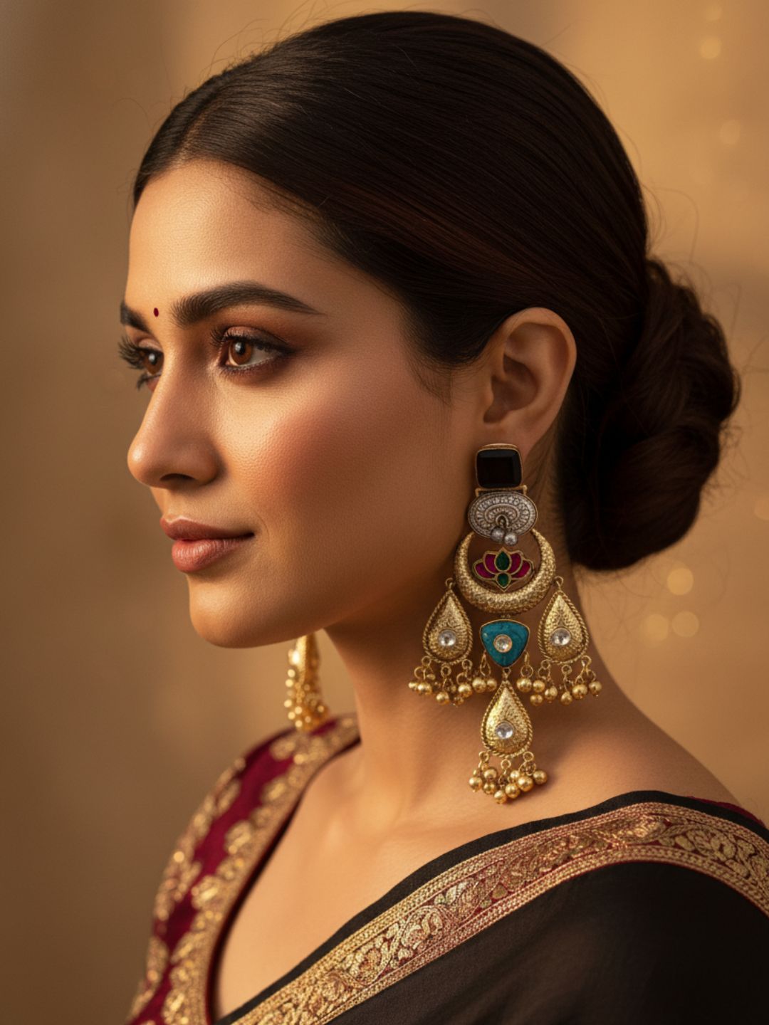Cute Antique Gold plated Black Glass-Brass Kundan polky-Multi Color Glass Stone-Designer Dangle Drop Earring