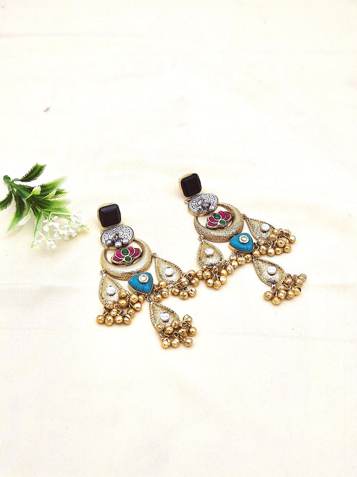 Cute Antique Gold plated Black Glass-Brass Kundan polky-Multi Color Glass Stone-Designer Dangle Drop Earring