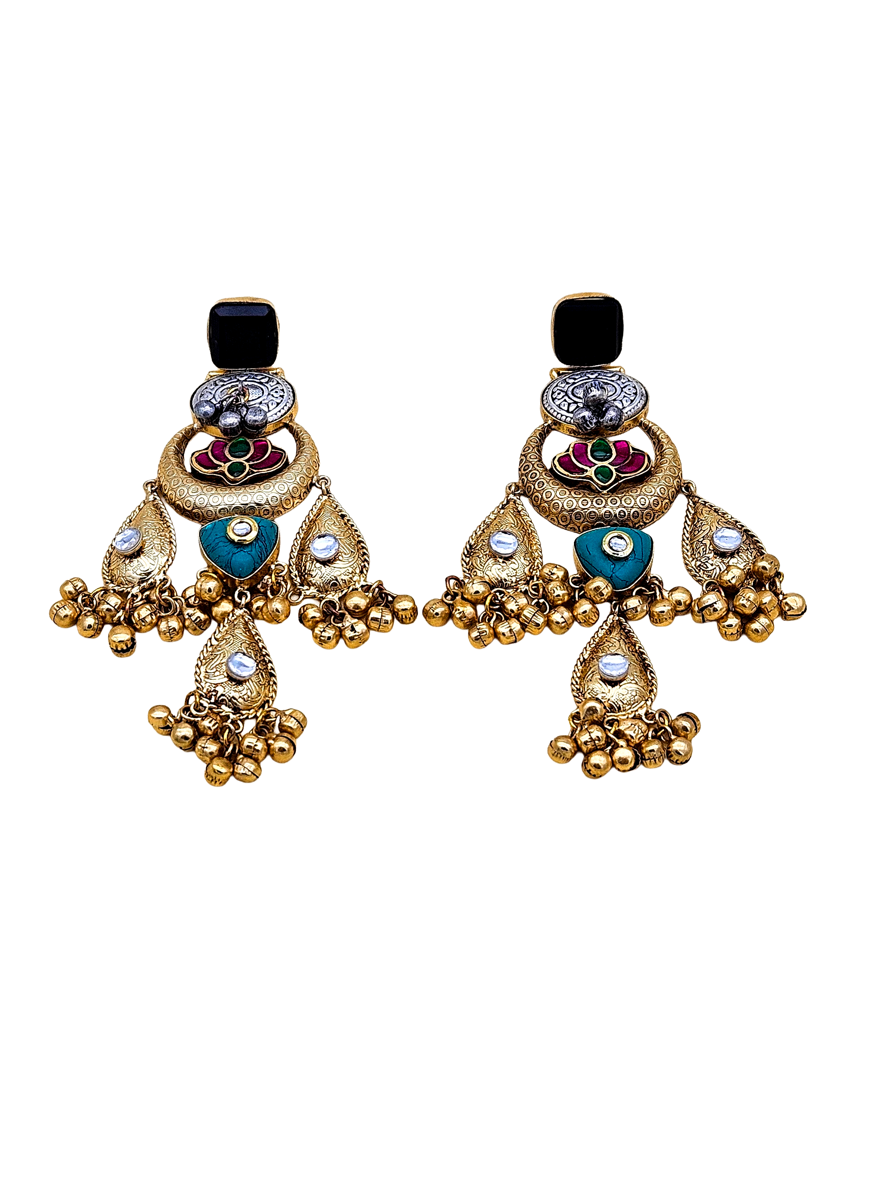 Cute Antique Gold plated Black Glass-Brass Kundan polky-Multi Color Glass Stone-Designer Dangle Drop Earring