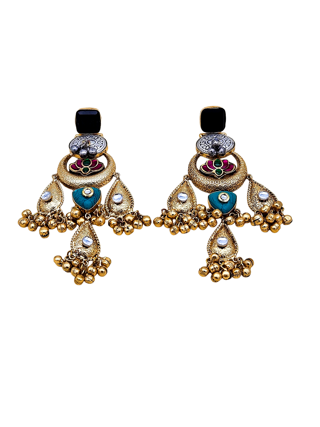 Cute Antique Gold plated Black Glass-Brass Kundan polky-Multi Color Glass Stone-Designer Dangle Drop Earring