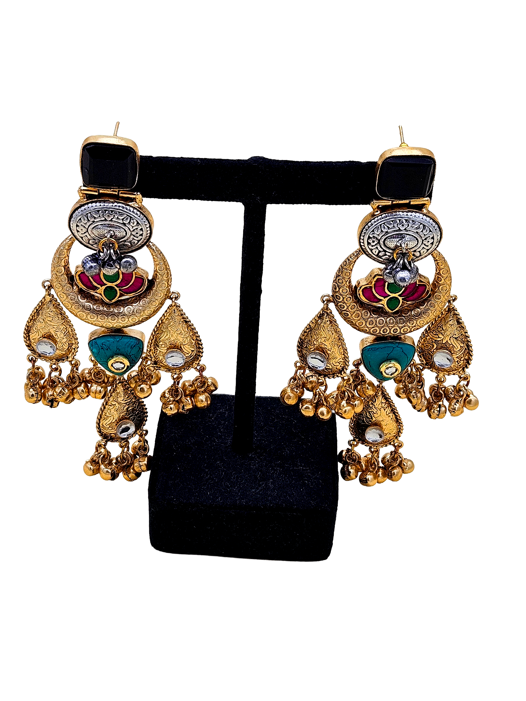 Cute Antique Gold plated Black Glass-Brass Kundan polky-Multi Color Glass Stone-Designer Dangle Drop Earring