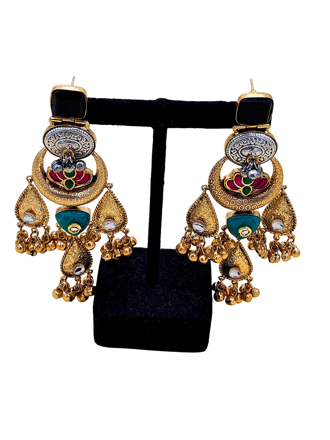 Cute Antique Gold plated Black Glass-Brass Kundan polky-Multi Color Glass Stone-Designer Dangle Drop Earring