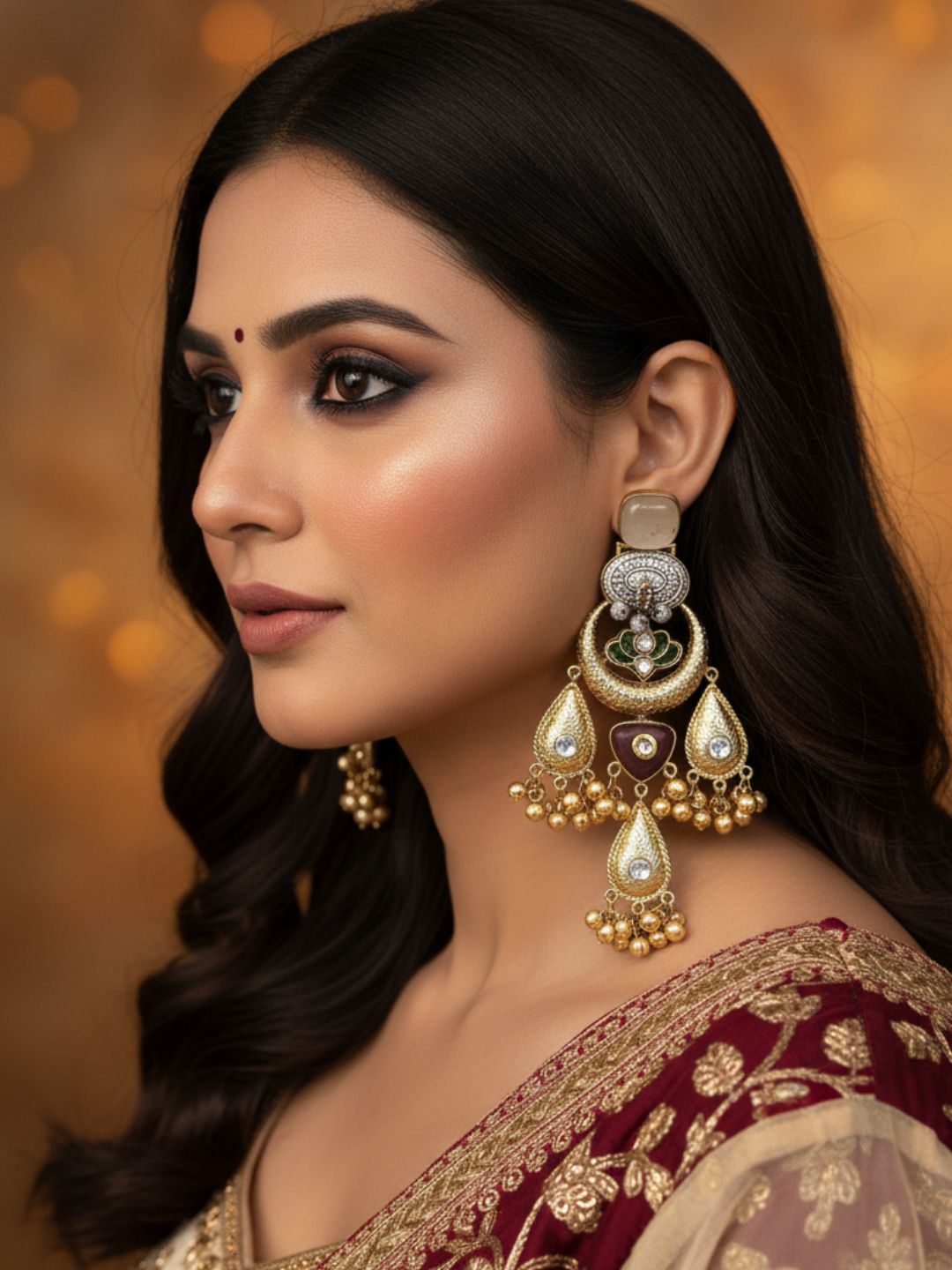 Cute Antique Gold plated Beige Glass-Brass Kundan polky-Multi Color Glass Stone-Designer Dangle Drop Earring