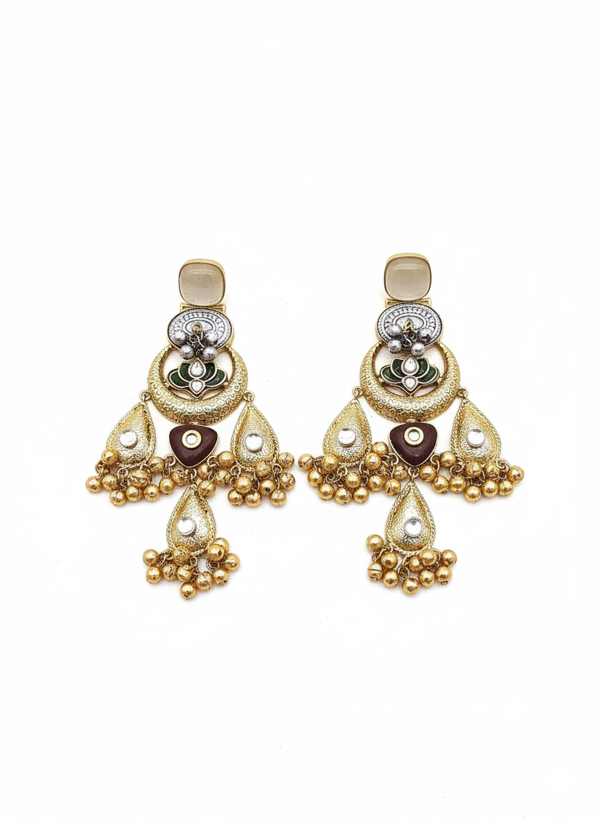 Cute Antique Gold plated Beige Glass-Brass Kundan polky-Multi Color Glass Stone-Designer Dangle Drop Earring