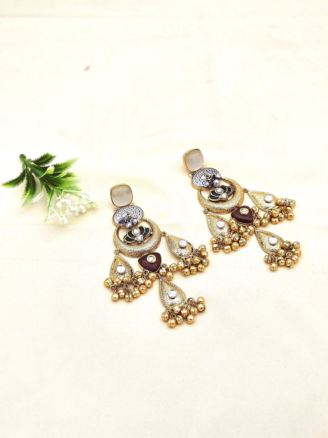Cute Antique Gold plated Beige Glass-Brass Kundan polky-Multi Color Glass Stone-Designer Dangle Drop Earring