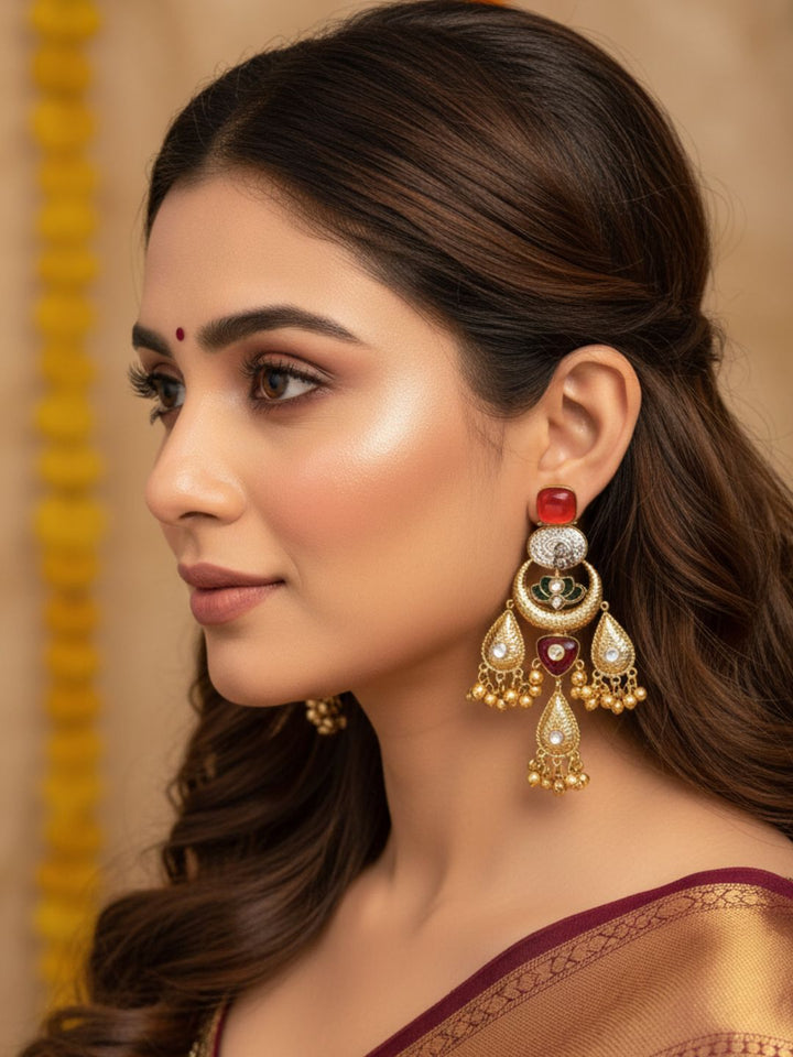 Cute Antique Gold plated Carnelian Glass-Brass Kundan polky-Multi Color Glass Stone-Designer Dangle Drop Earring