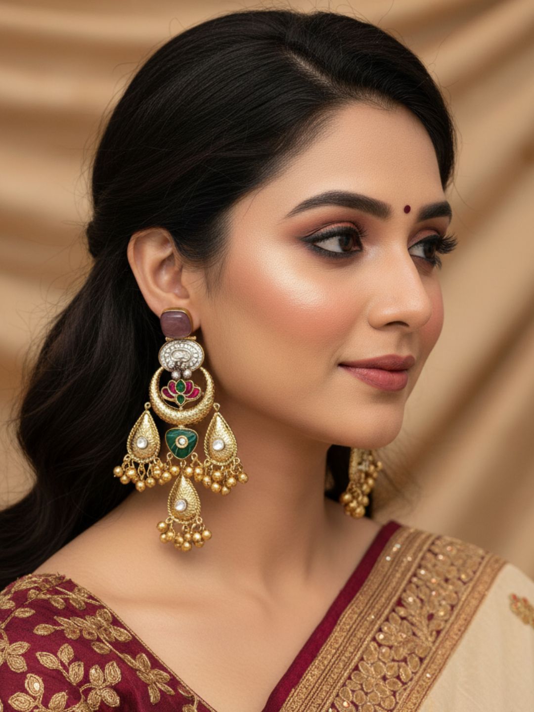 Cute Antique Gold plated Purple Glass-Brass Kundan polky-Multi Color Glass Stone-Designer Dangle Drop Earring