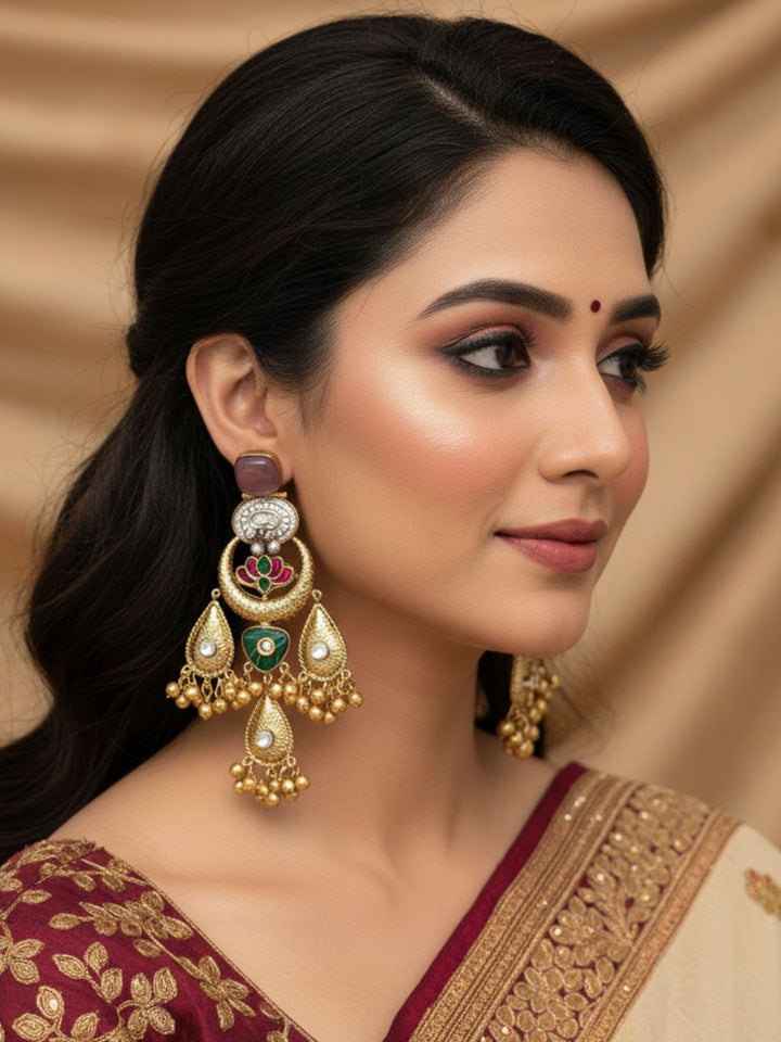 Cute Antique Gold plated Purple Glass-Brass Kundan polky-Multi Color Glass Stone-Designer Dangle Drop Earring