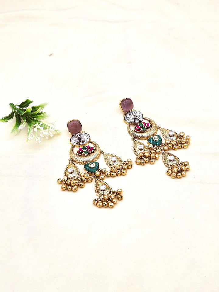 Cute Antique Gold plated Purple Glass-Brass Kundan polky-Multi Color Glass Stone-Designer Dangle Drop Earring