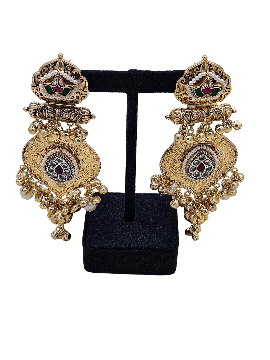 Elegant pearl drop earrings with colorful glass stones shown on earring stand – modern fancy jewellery
