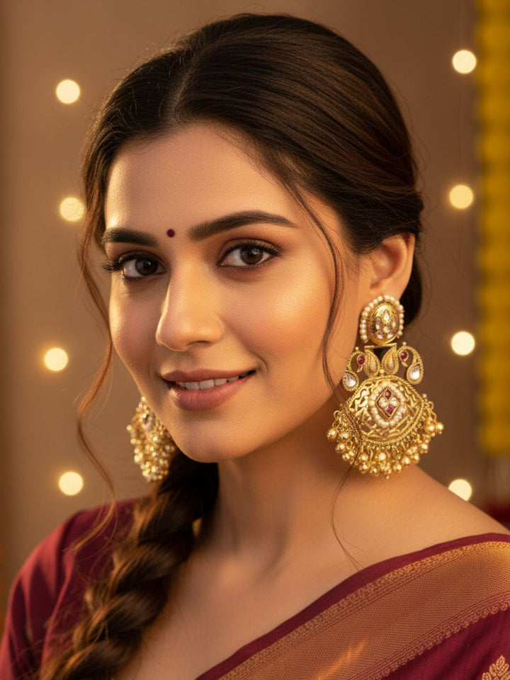 Awesome Antique Gold plated Synthetic Polky-Multi Color Glass Stone-Pearl Fancy Dangle Drop Earrings